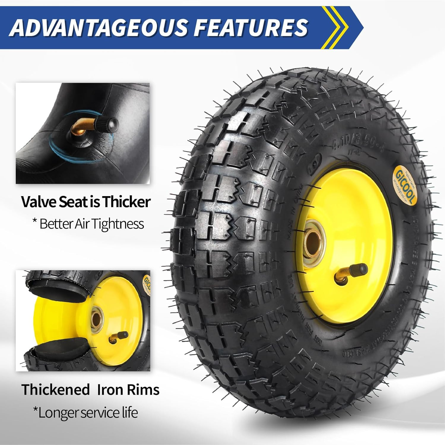 Upgrade 4.10/3.50-4 Rubber Tire and Wheel, with 2.25″ Offset Hub, 5/8″ Sealed Be