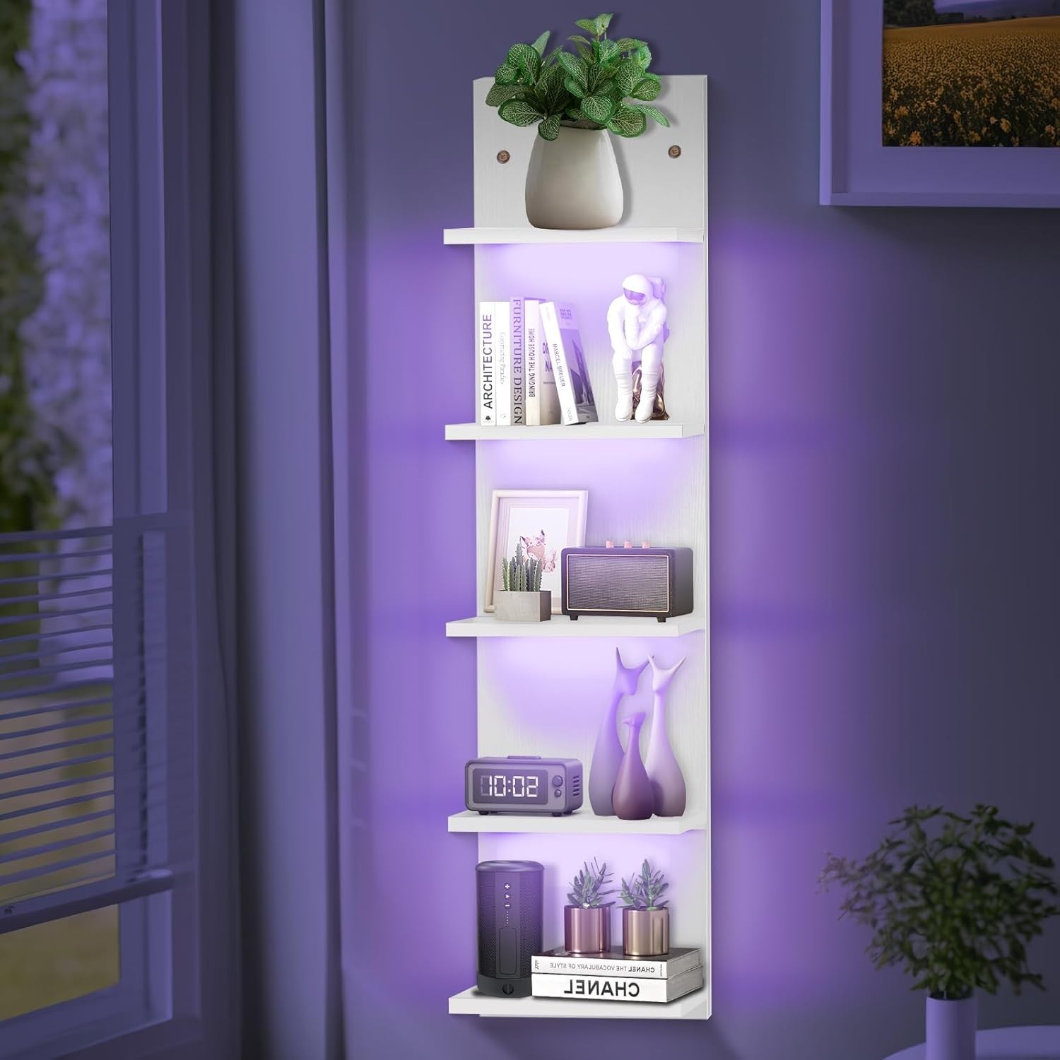 5-Tier LED Wall-Mount Display Shelf – RGB Lighting, Floating Storage for Bedroom