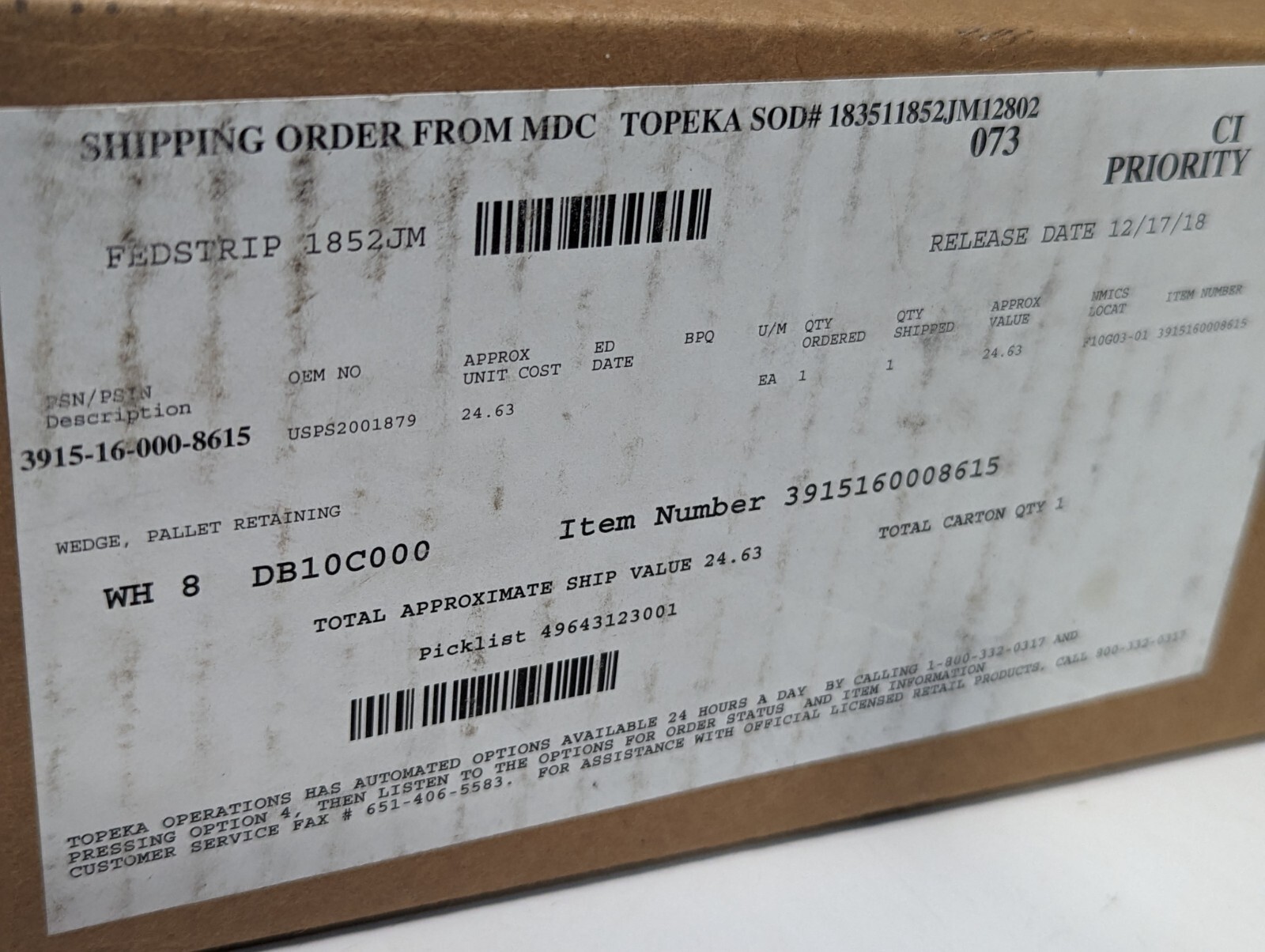 3915-16-000-8615 USPS2001879 Pallet Retaining Wedge