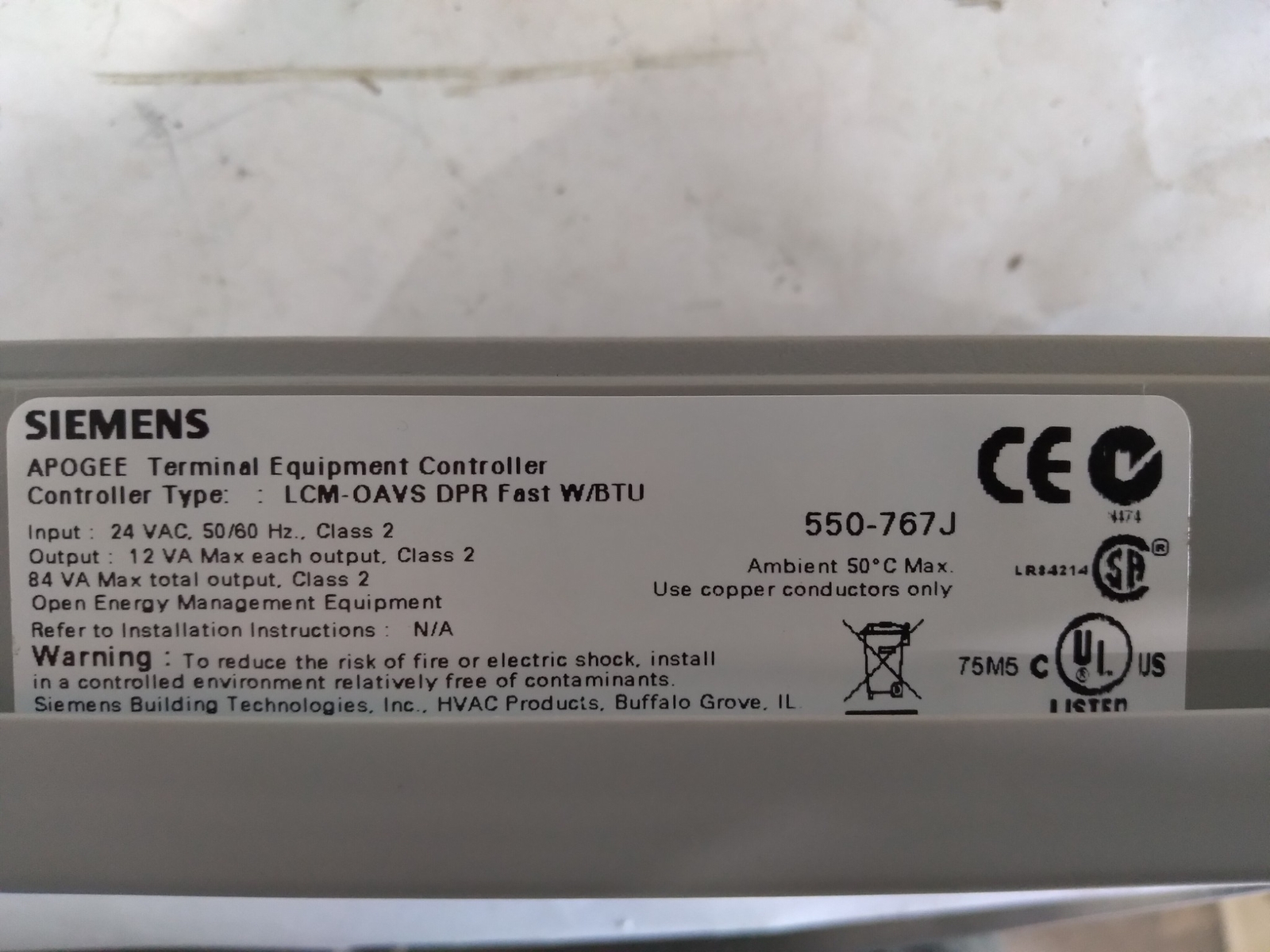SIEMENS 550-767J 24VAC 50/60HZ 12VA MAX