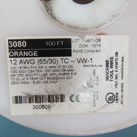 ALPHA 3080 Qty of 100 per Lot 12 AWG Hook-Up Wire 65/30 Orange 600V 100.0′ (3