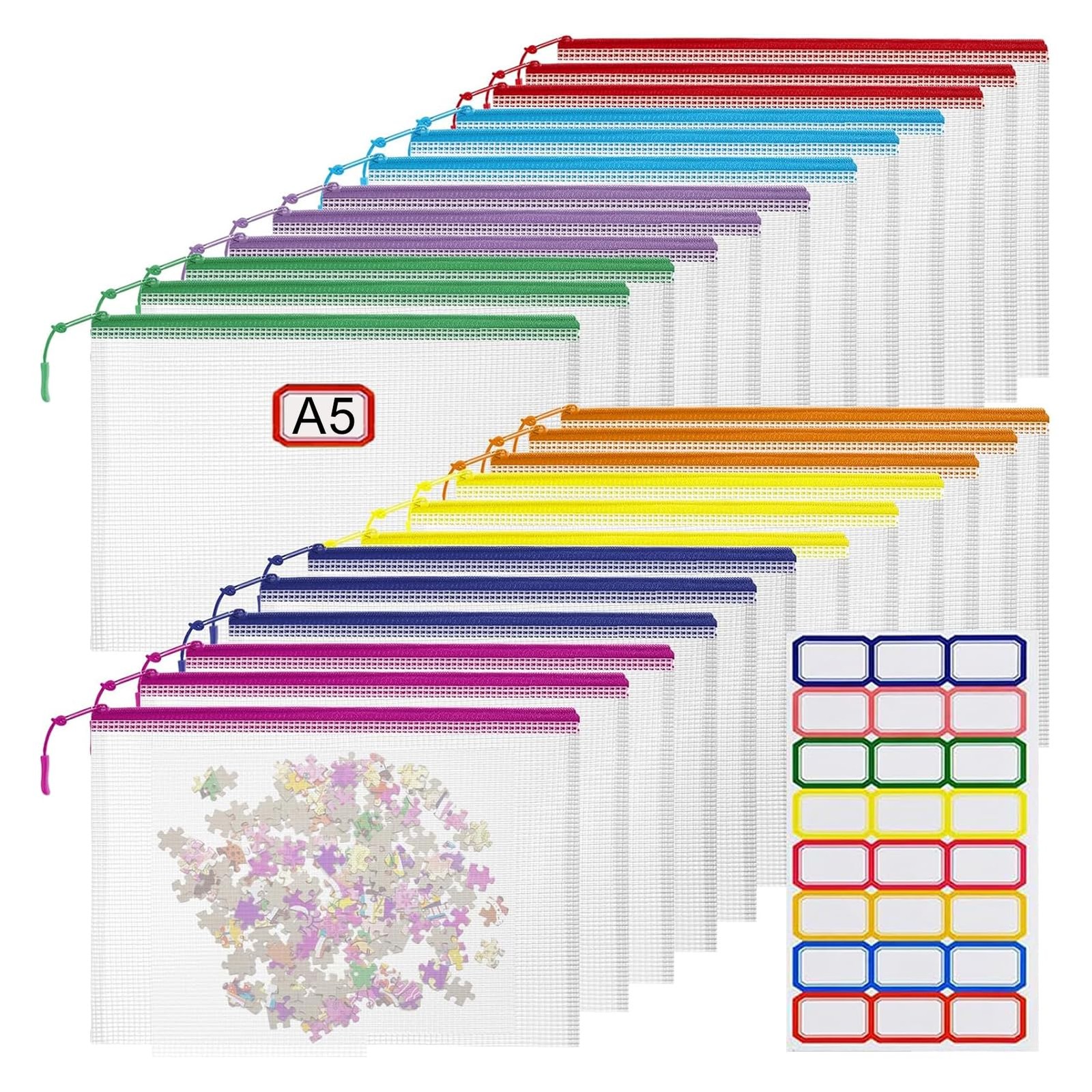 24pcs Mesh Zipper Pouch File Bags Puzzle Storage Bags, A5 Size A5, 8 Colors