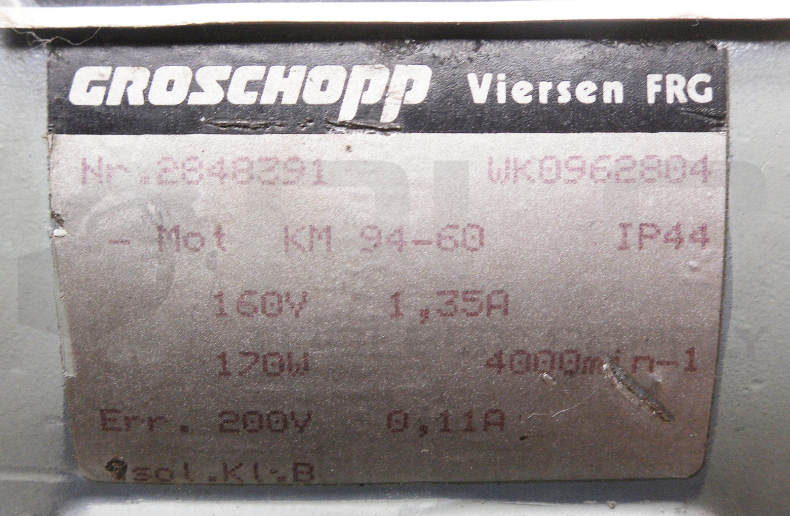 GROSCHOPP WK0962804 GEAR MOTOR 160V 1.35A 0.11A 2848291