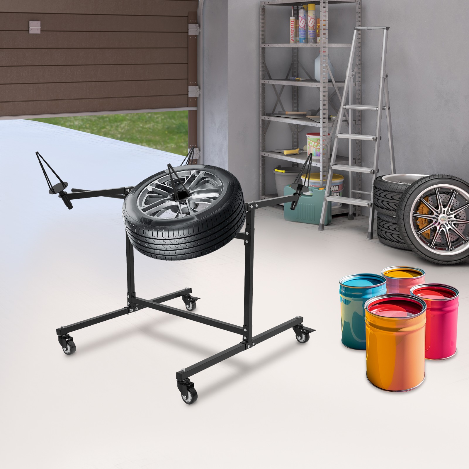 F02 Rotating Wheel Paint Stand Rack 300lbs Capacity Tilted With 4 Swivel Casters