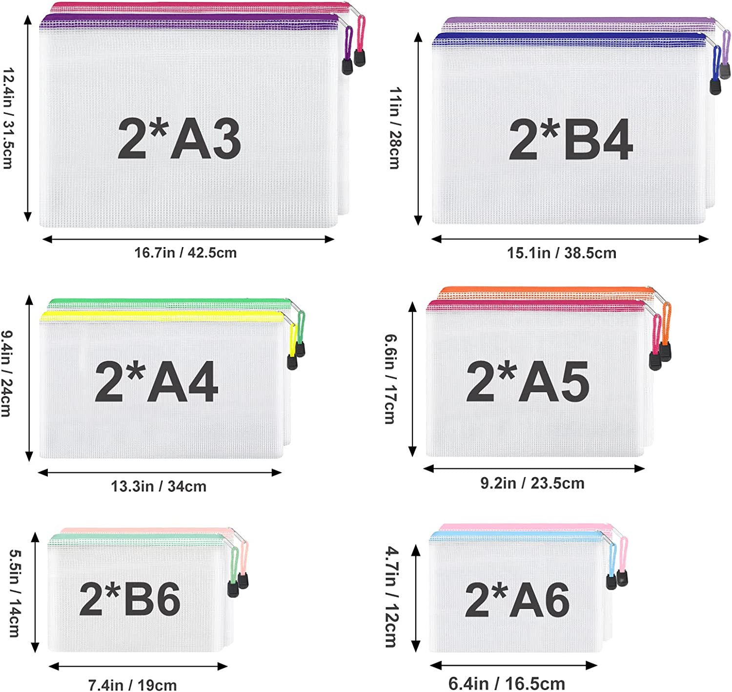 12Pcs Multi-Size Mesh Zipper Pouches, 6 Sizes, 12 Colors Waterproof