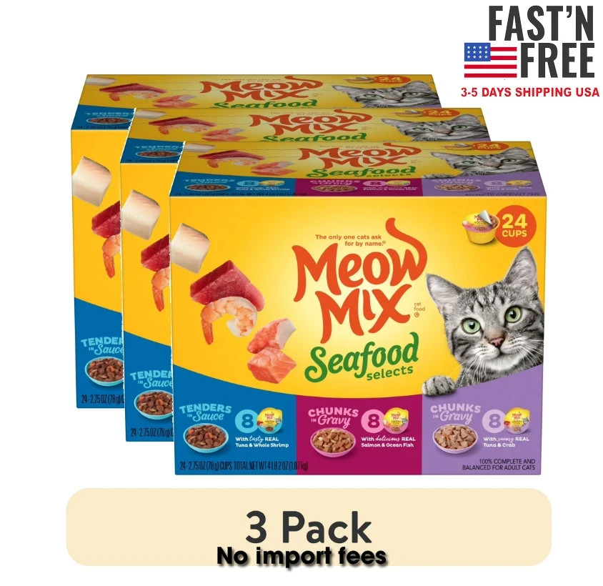 3 PACK Meow Mix Seafood Selections Variety Pack, Wet Cat Food, 2.75oz (24 Pack)
