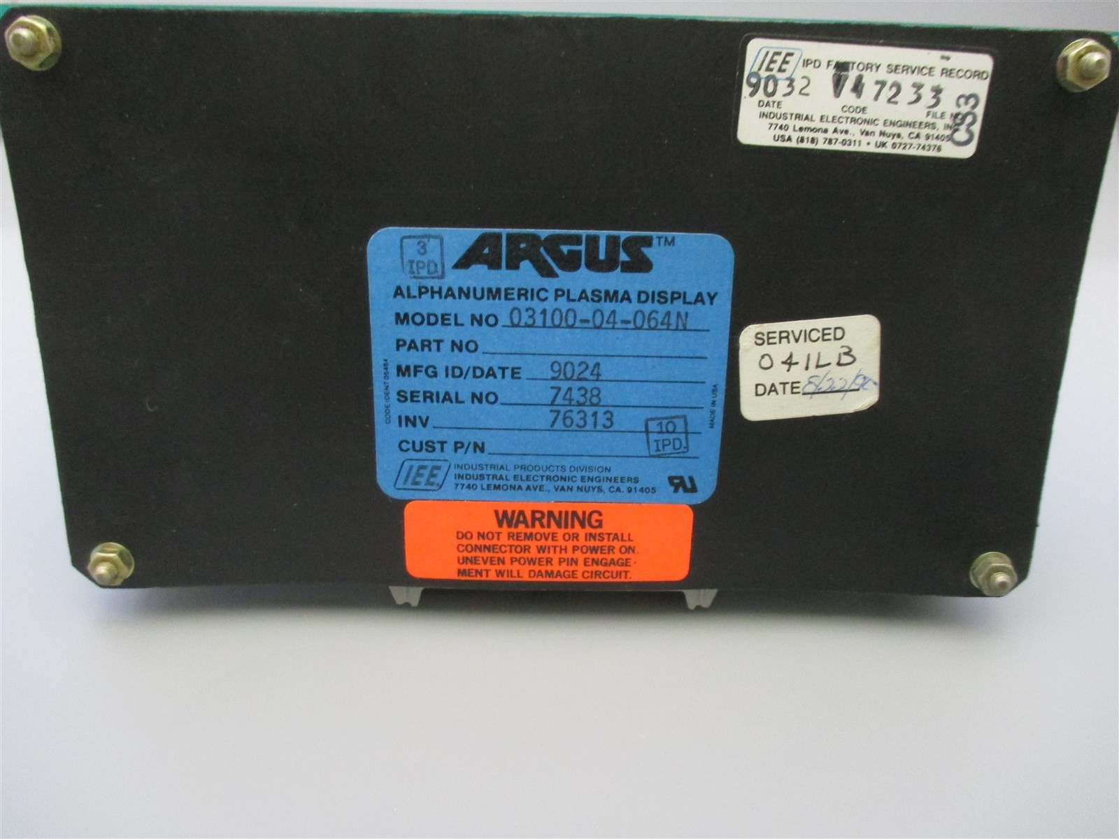 Argus Alphanumeric Plasma Display 03100-04-064N New