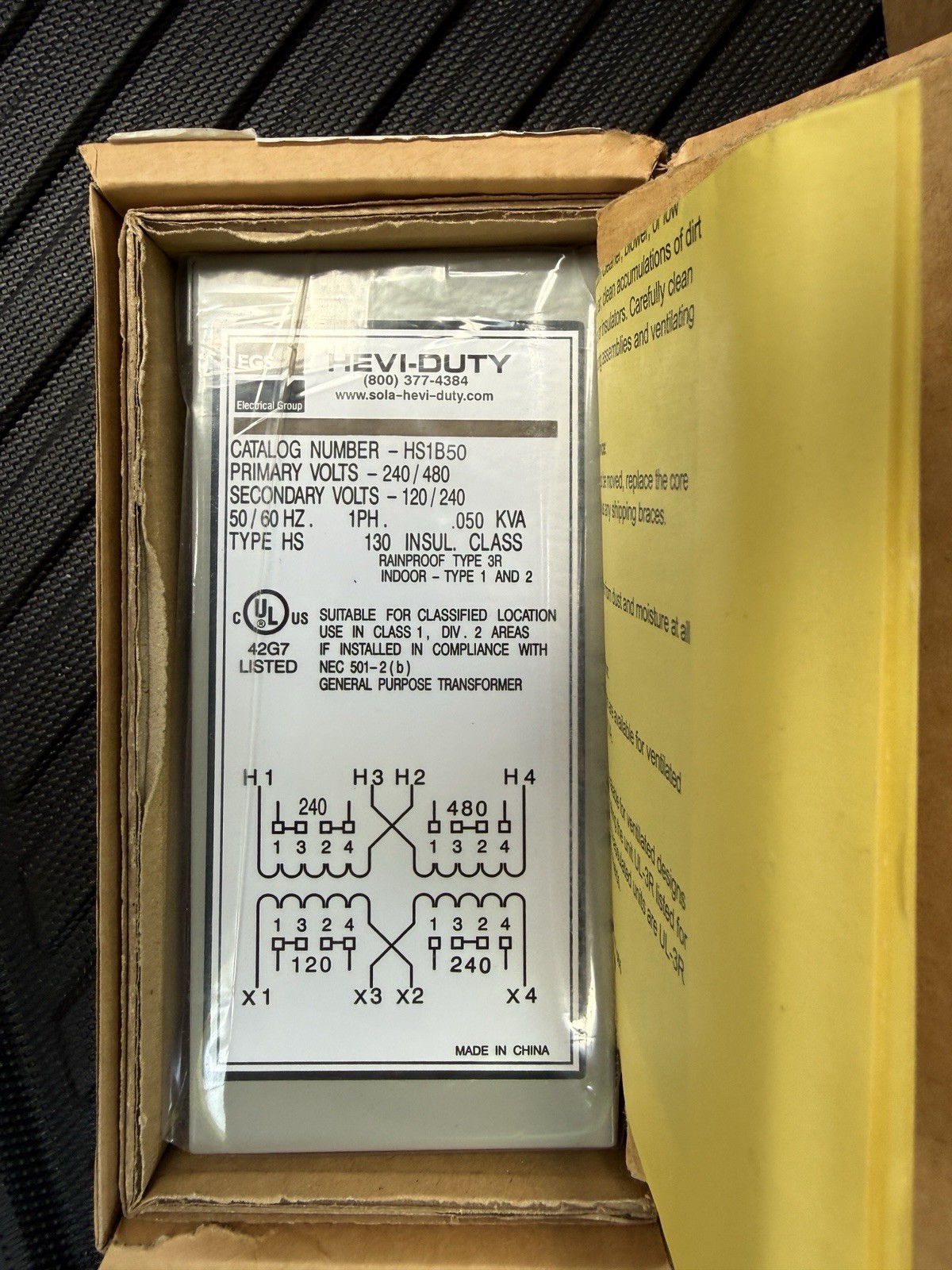 Hevi-Duty HS1B50 Sola Transformer, Primary Voltage, 240/480