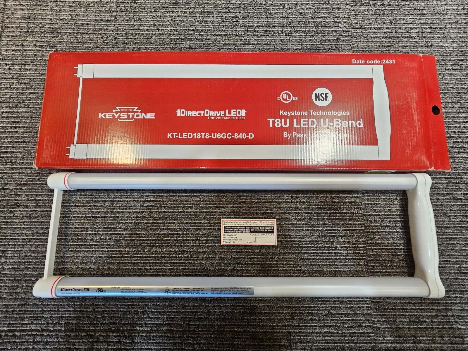 Keystone KT-LED18T8-U6GC 6-In Direct Drive U-Bend T8 LED Lamp 18W 4000K