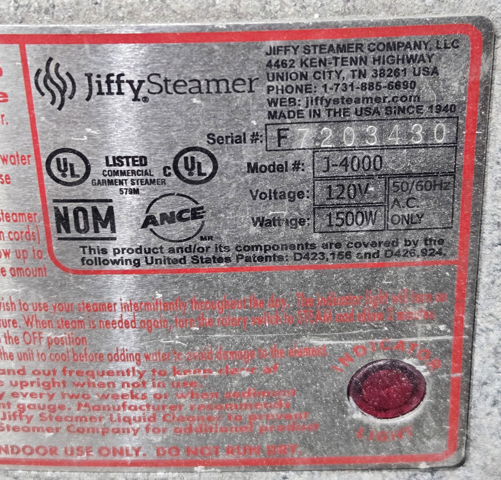 JIFFY STEAMER J-4000 MULTI PURPOSE STEAMER 120V 1500W 50/60HZ *READ*