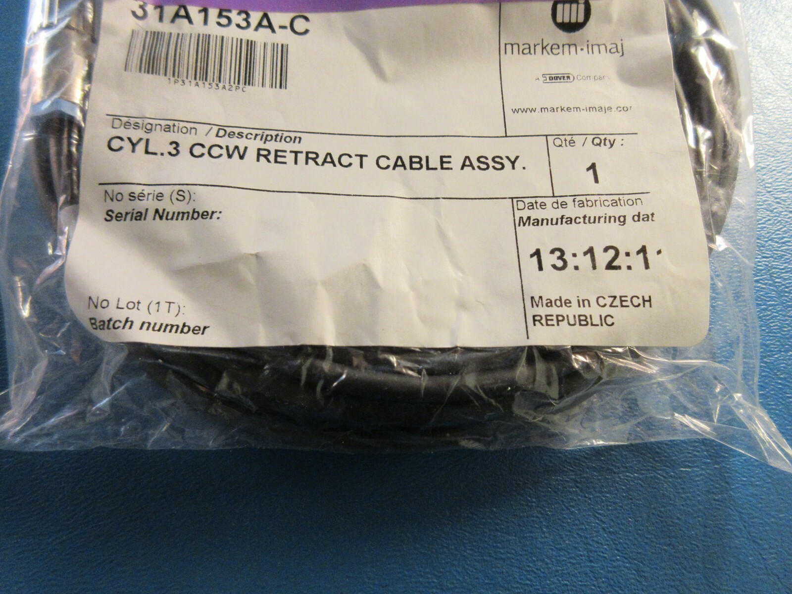 Markem Imaje 31A153A, 31A153A-C, CCW Retract Cable Assembly, 3 Pin
