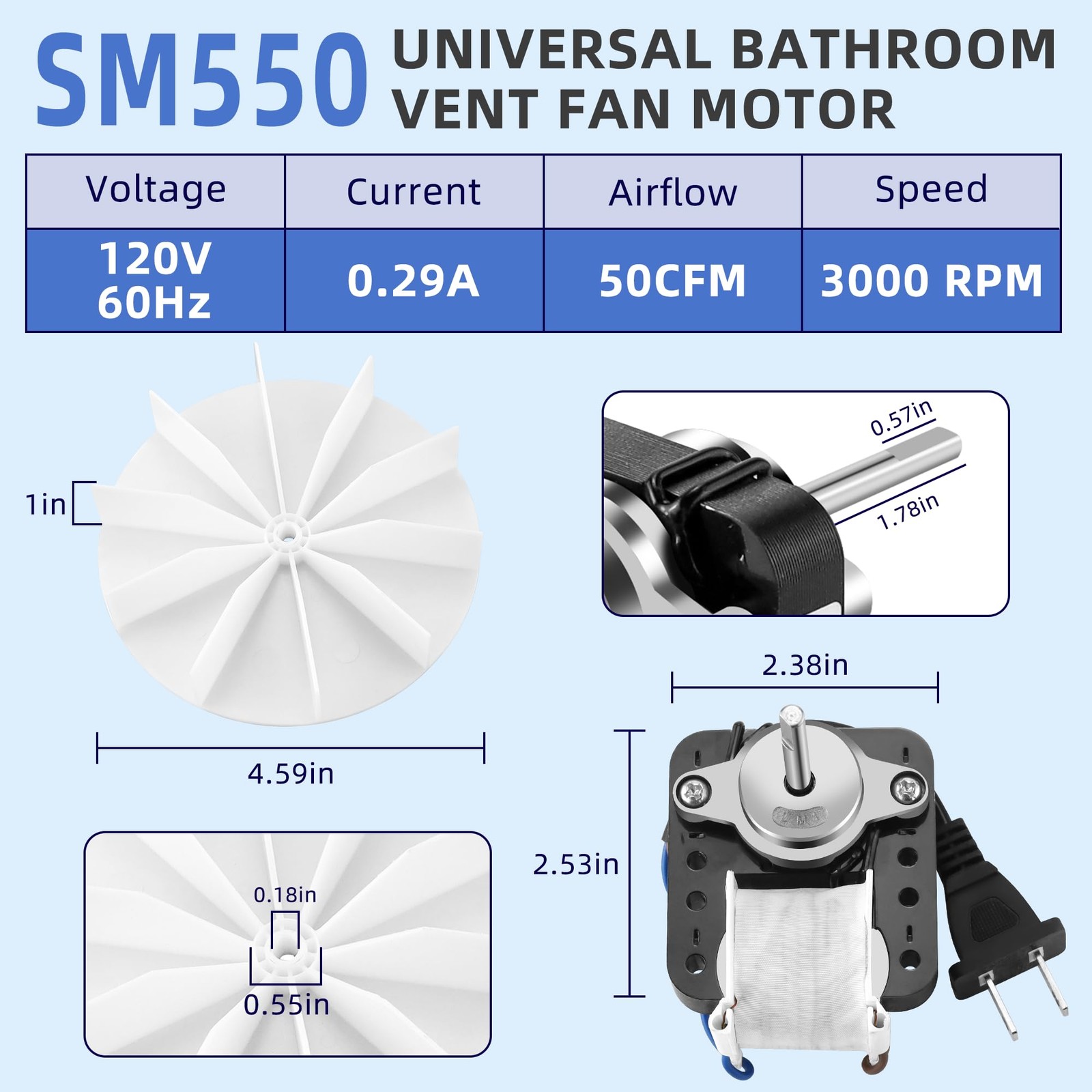 Bathroom Vent Fan Motor Replacement Kit 50 CFM 120V Electric Motor Parts For NuT
