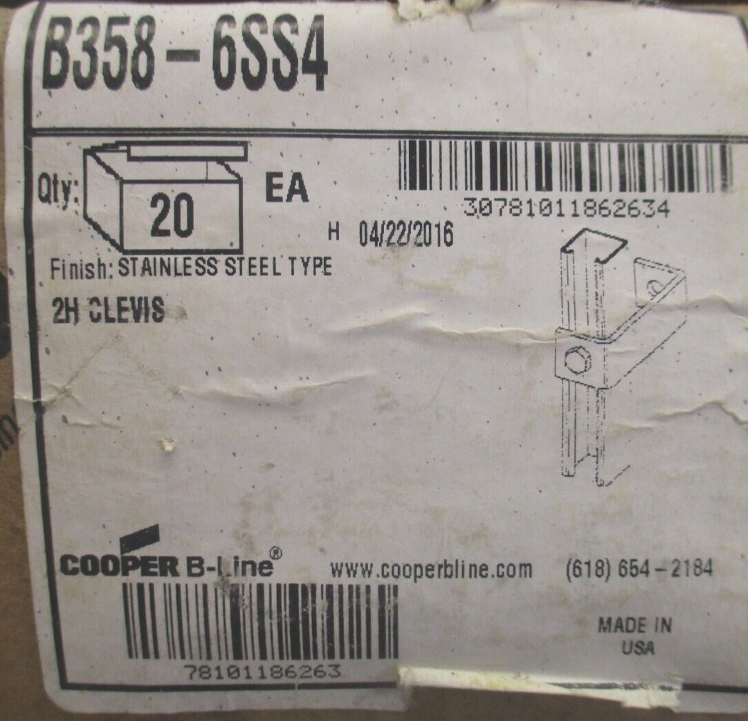 EATON B-LINE STAINLESS STEEL CLEVIS FITTING PN: B358-6SS4 LOT OF 2 FITTINGS