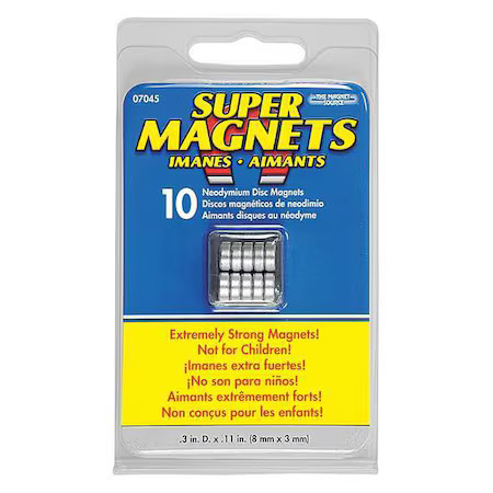 Disc Magnet, Neodymium, 2.6 Lb. Pull, Pk10, 7045