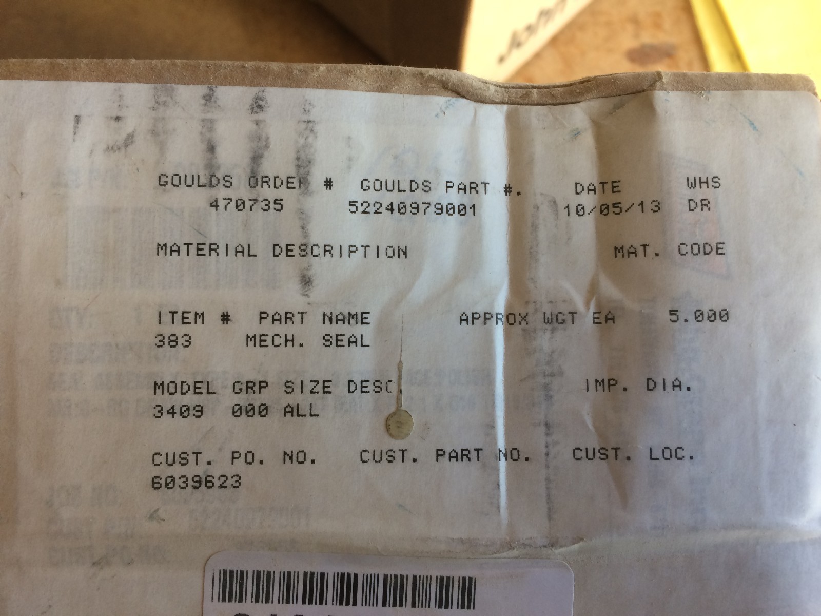 GOULDS PUMP MECHANICAL SEAL 3.875″ JOHN CRANE 8-1 SINGLE ASSEMBLY # 52240979001