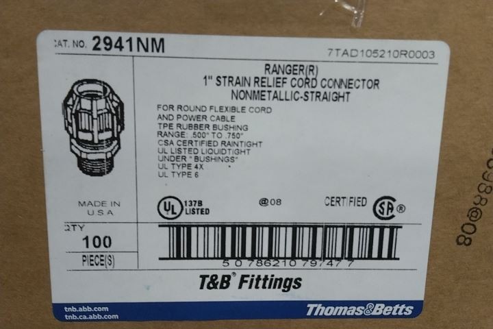 Thomas & Betts 2941NM 100 Pk 1 In Nonmetallic Strain Relief Cord Connector