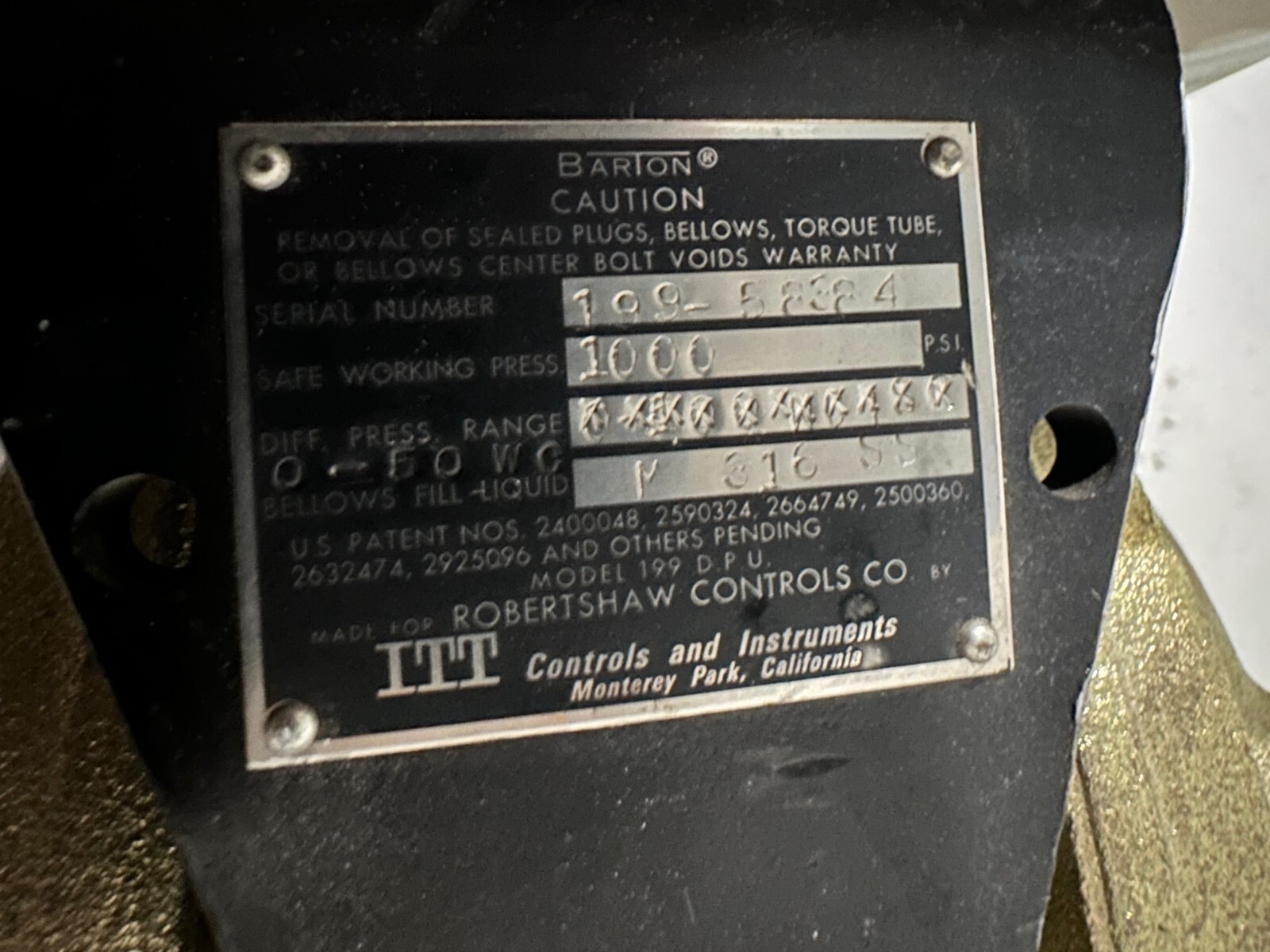 ROBERTSHAW TF-436-B TF-360-D412 0-10” H2O 18-20PSI SUPPLY | MODEL 199 DPU