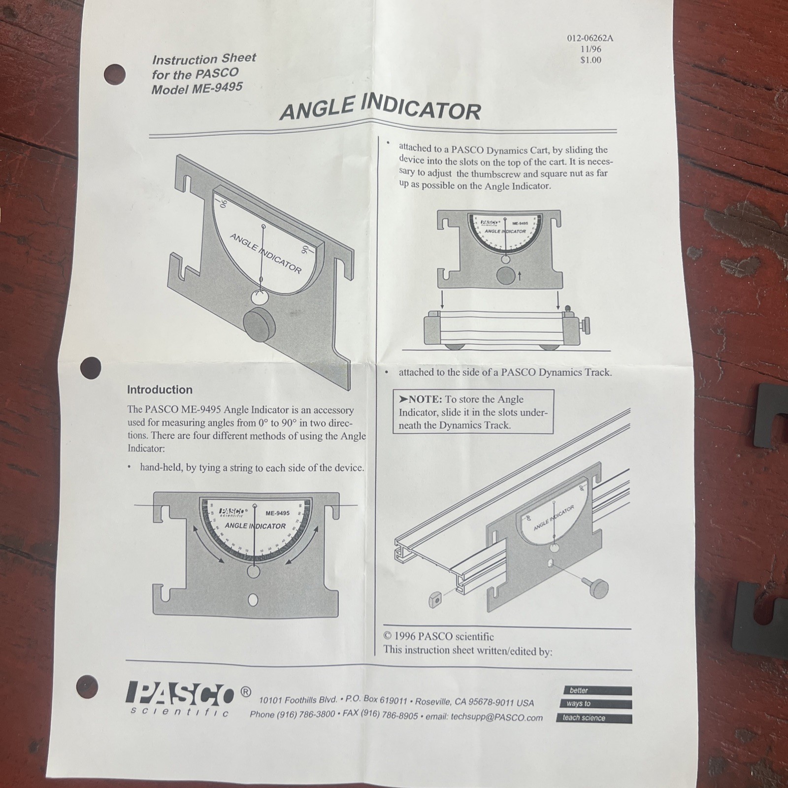 PASCO Scientific ME-9495 Angle Indicator – for ramps and dynamic carts – Physics