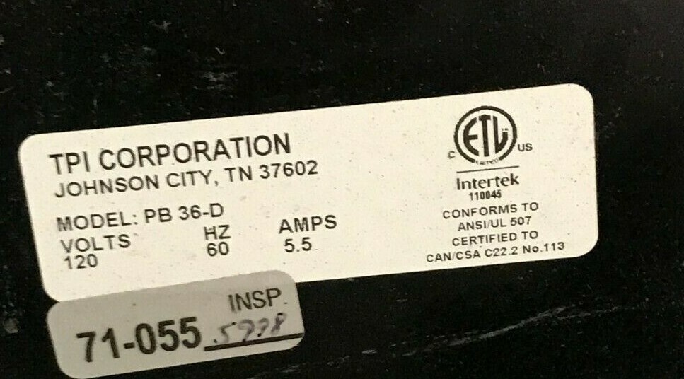 TPI CORPORATION FAN, 36″ FACE, MODEL PB 36-D, 120 VOLTS, HZ 60, 5.5 AMPS