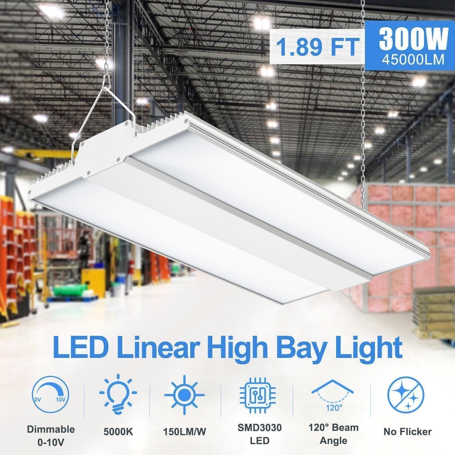 300W Linear LED High Bay Light 45,000 Lumens Warehouse Garage Shop Fixture 5000K