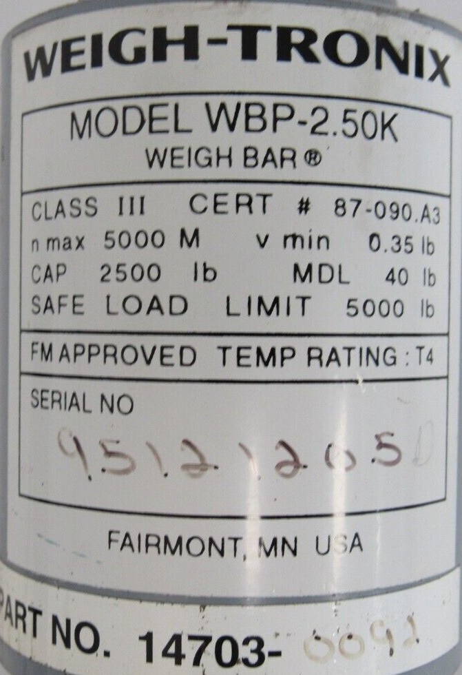 USED WEIGH-TRONIX WBP-2.50K WEIGH BAR 14703-0092 WBP250K