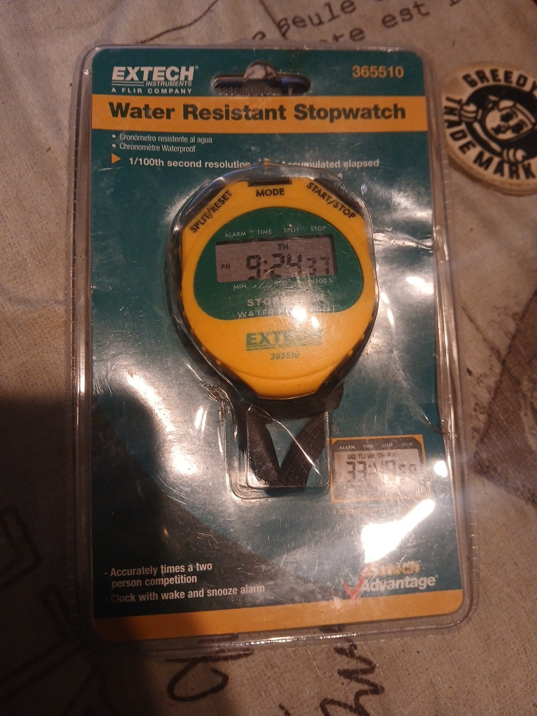 Extech 365510 Water Resistant Yellow Stopwatch with Timer & Clock