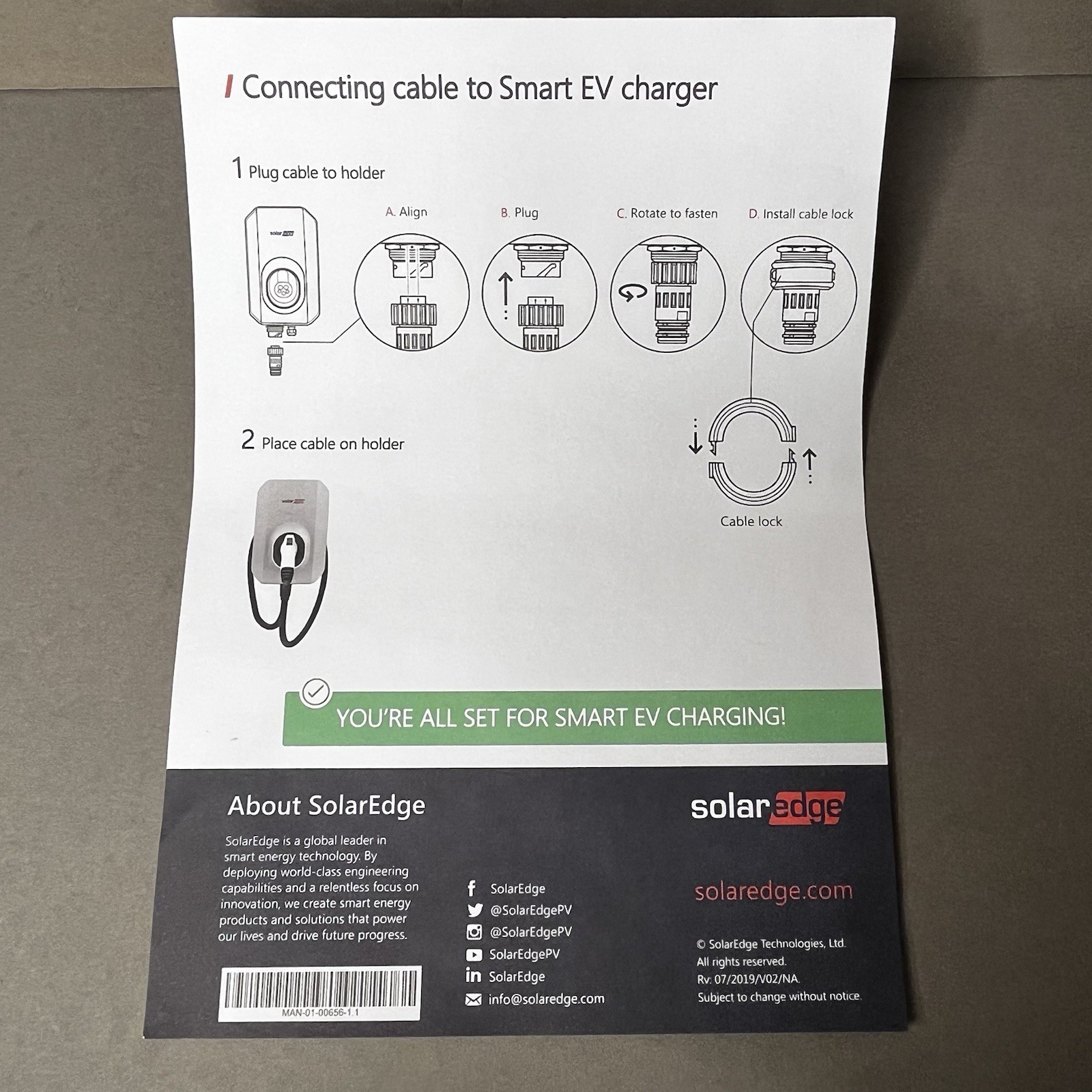 SolarEdge HD-Wave SE-EV-KIT Charging Cable, CABLE ONLY ELECTRIC VEHICLE CHARGER