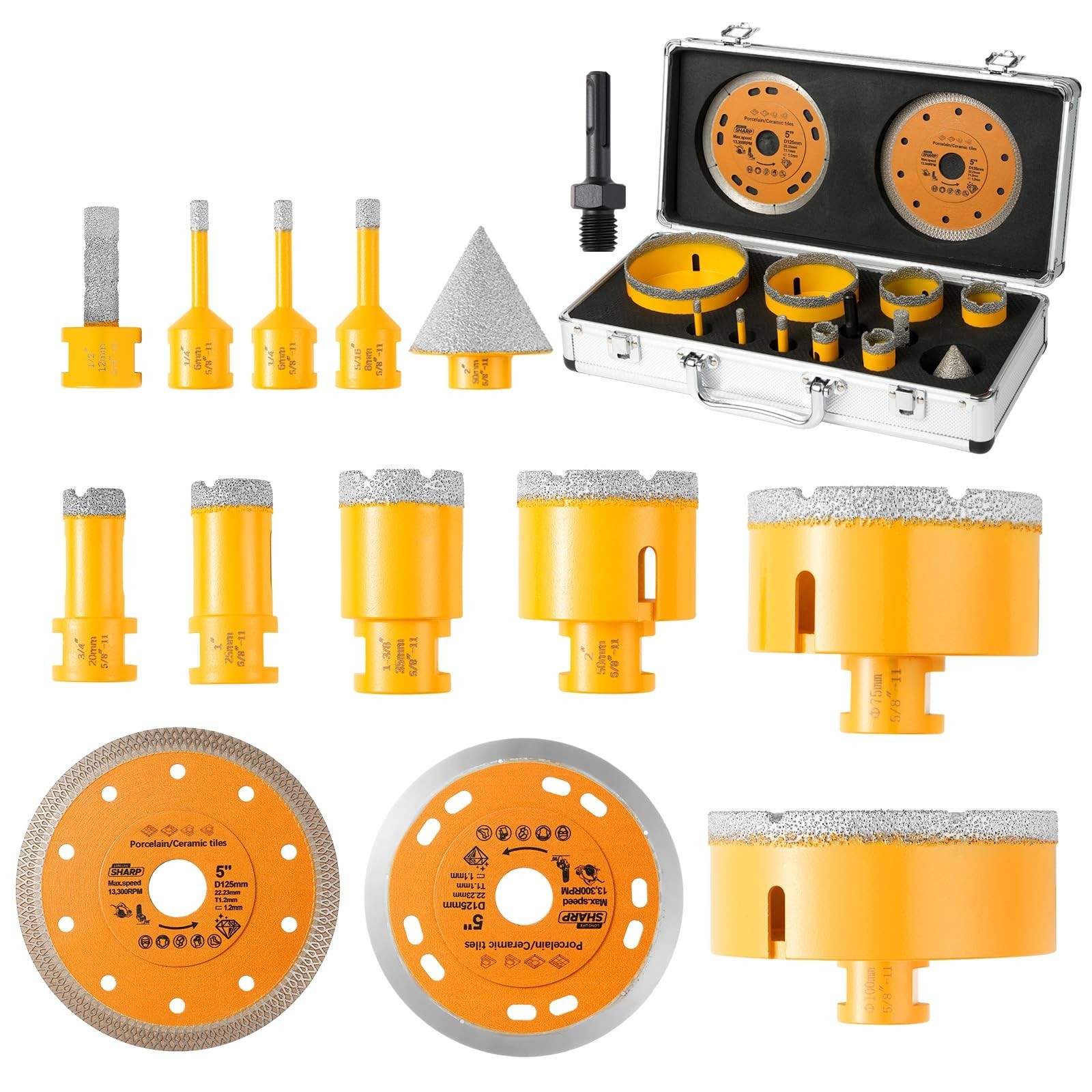 14Pcs Diamond Tile Hole Saw Kit,6/6/8/20/25/35/50/75/100MM Core Drill Bits Se…