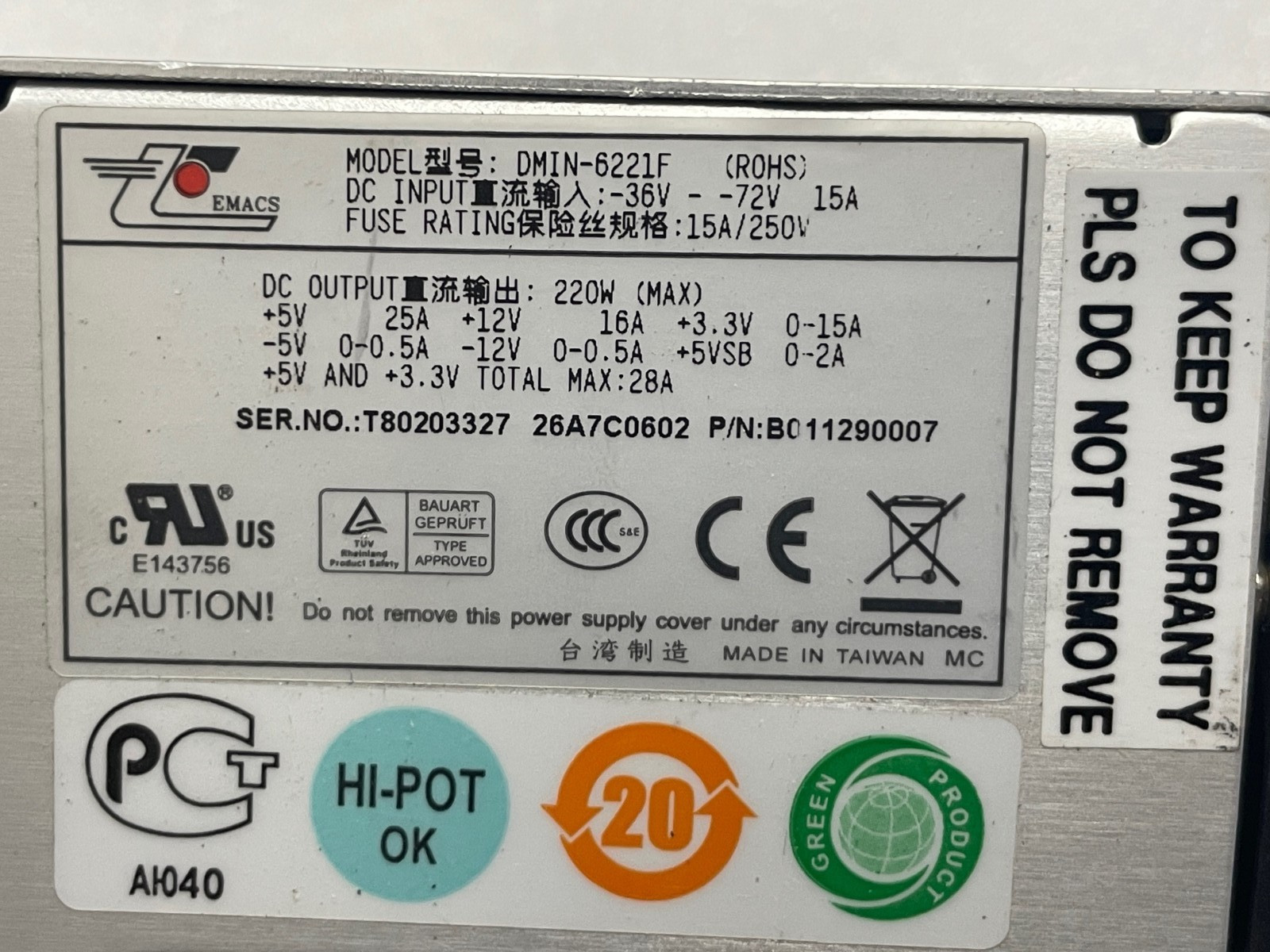 Emacs ZIPPY DMIN-6221F server hot-swappable DC power supply 48V