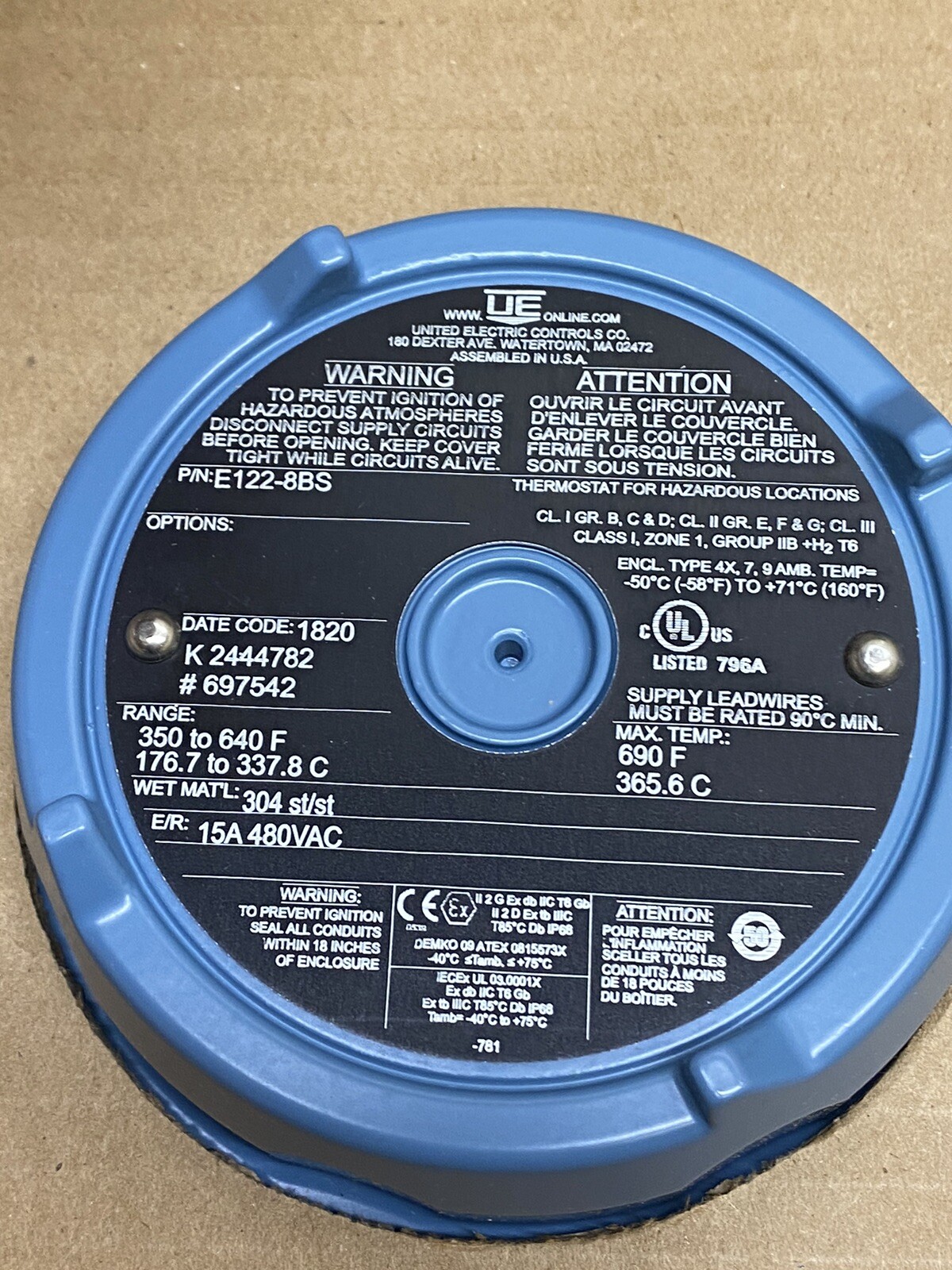 United Electric UE E122-8BS Explosion-Proof Adjustable Temperature Switch New