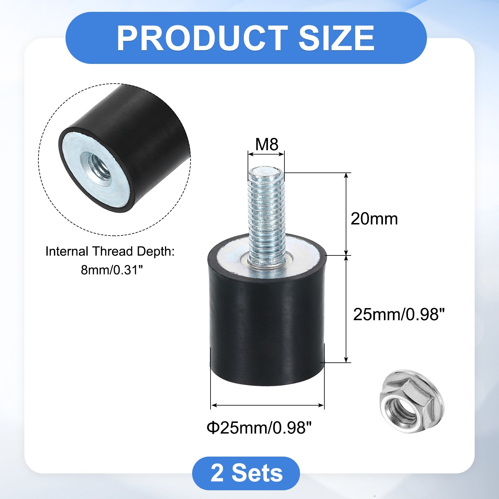 2Pcs, M8x20mm Rubber Mounts 25x25mm(DxH) Rubber Shock Absorber Mount w/ Nuts