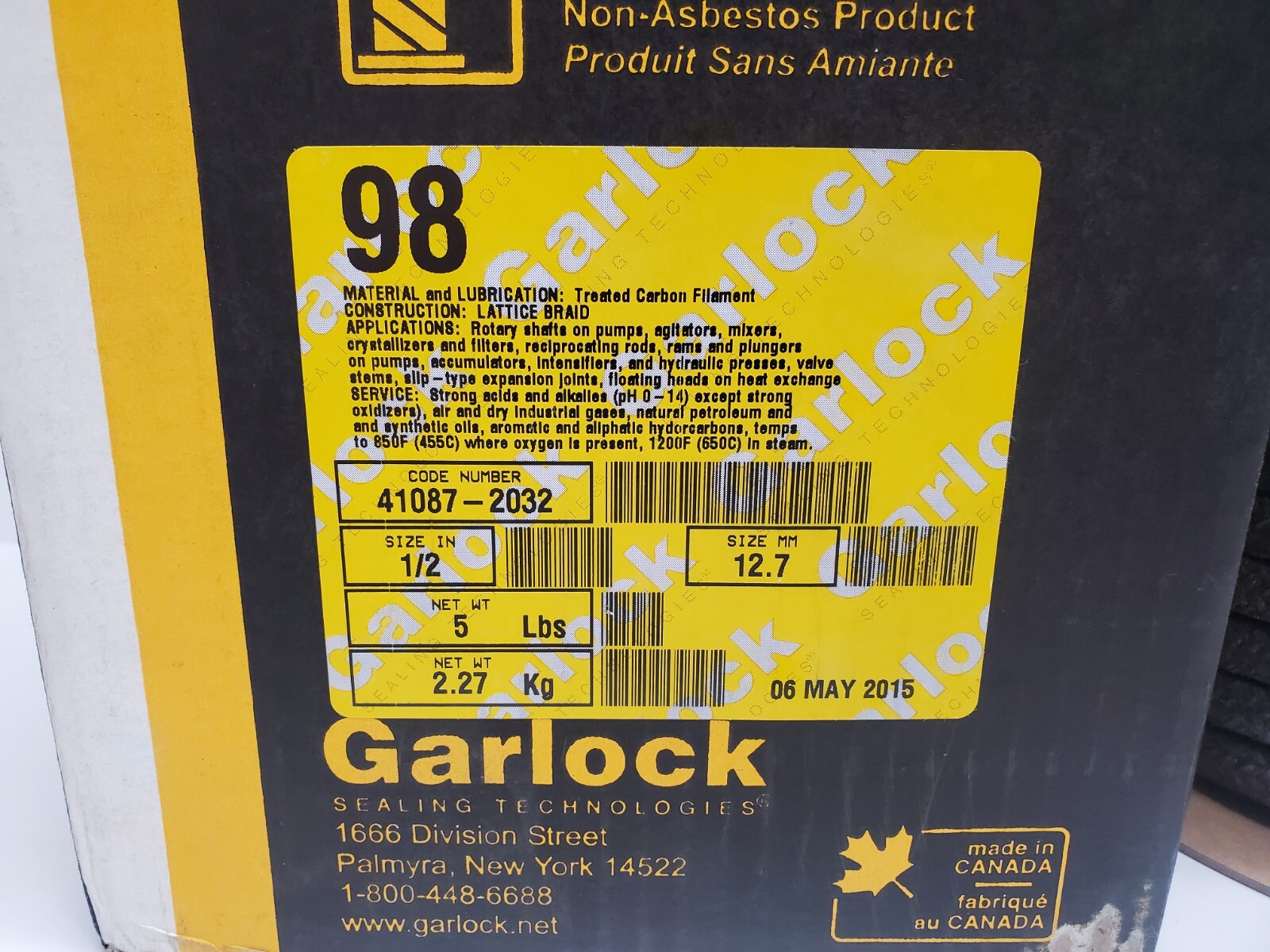 NEW IN BOX! GARLOCK 5LB 12.7MM 1/2″ CARBON PACKING 41087-2032
