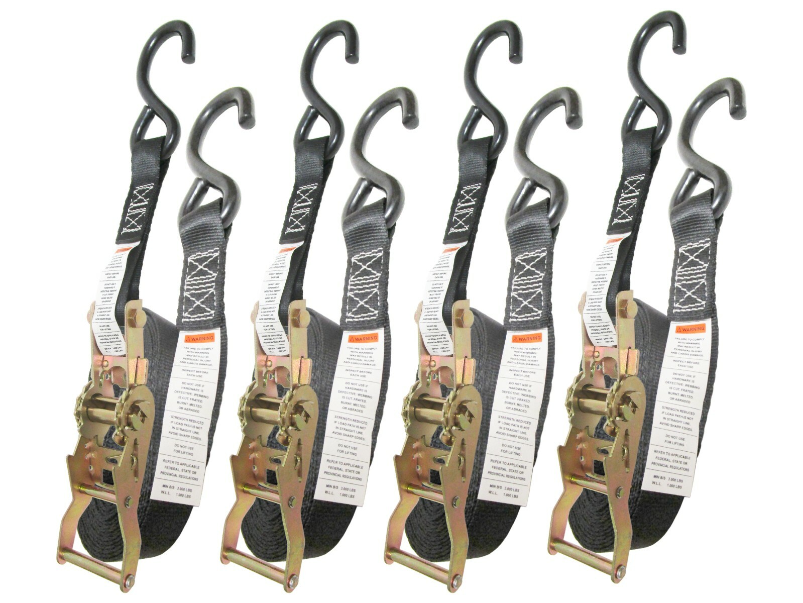 1″ x 12′ Short Tail Ratchet Tie Down Strap with S Hook Heavy Duty – Pack of Four