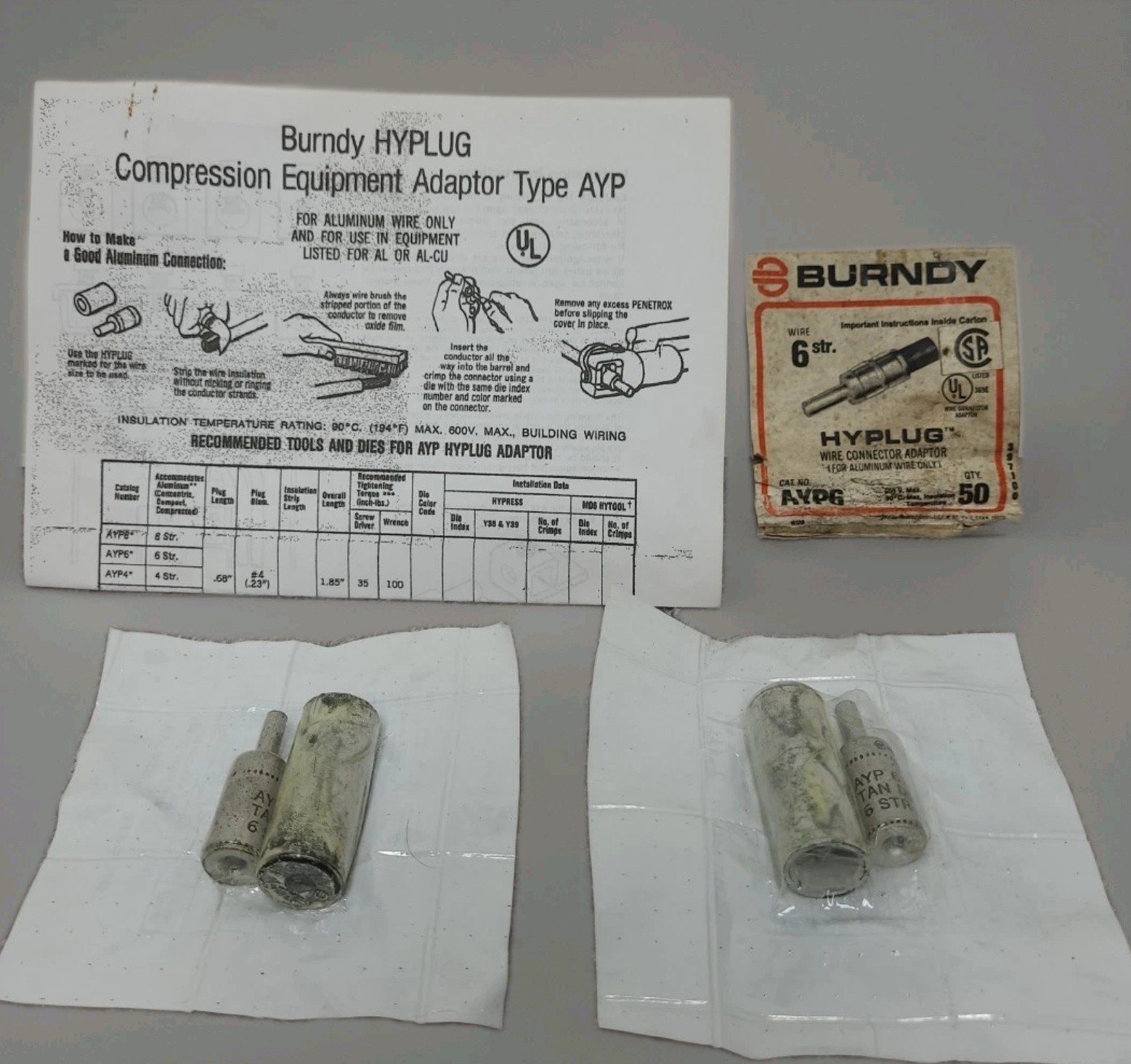 Burndy AYP6 HYPLUG  Alunimum Compression Adapters for #6 wire Lot of 2 Adapters