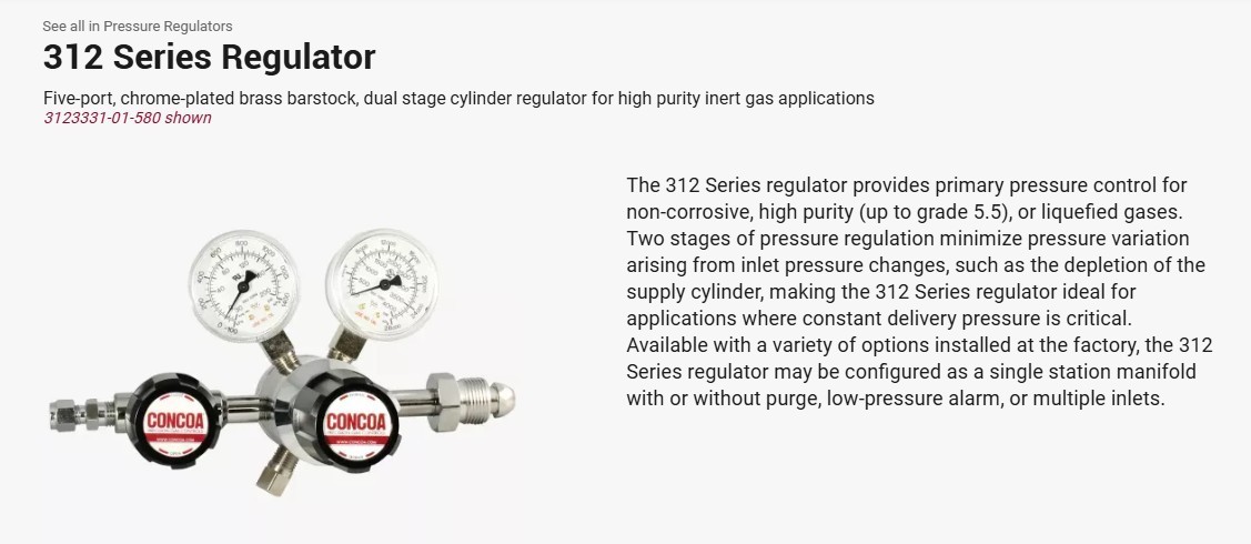 Concoa Purity Plus Dual Stage CGA-580 Regulator 312 Series 3123331-84-580