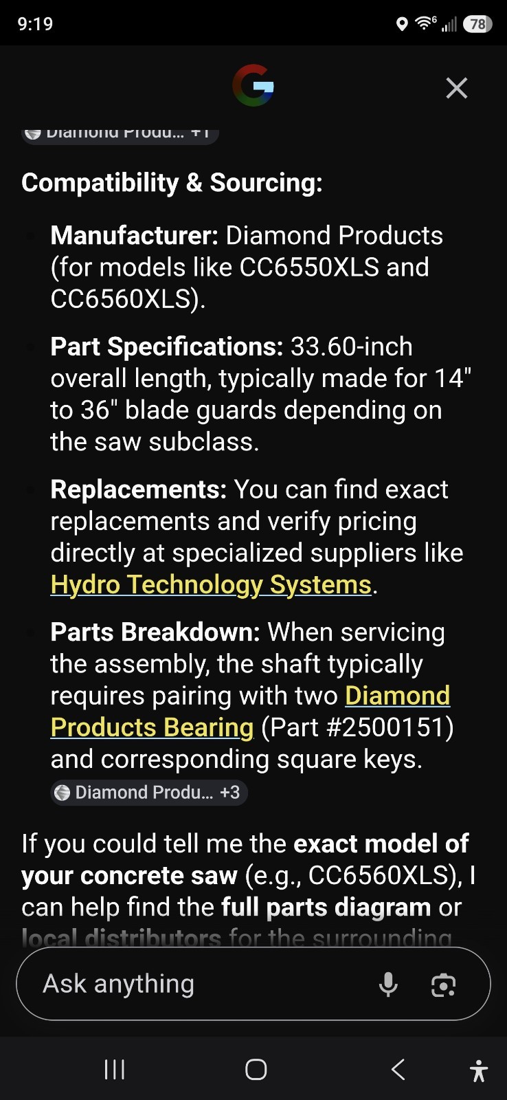 Diamond Products Blade Shaft CC6560XLS 33.60″ OAL MPN 6010543