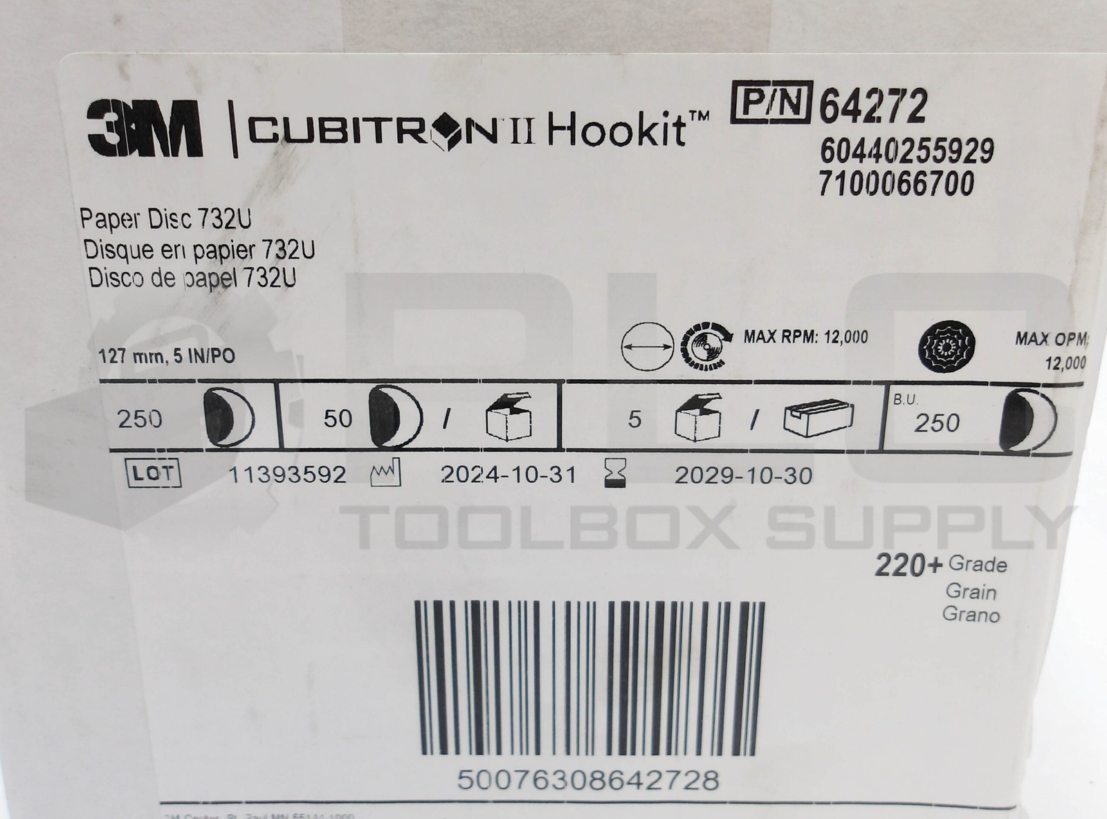 SEALED NEW BOX OF 250 3M 64272 PAPER DISC 732U 12000RPM 5″