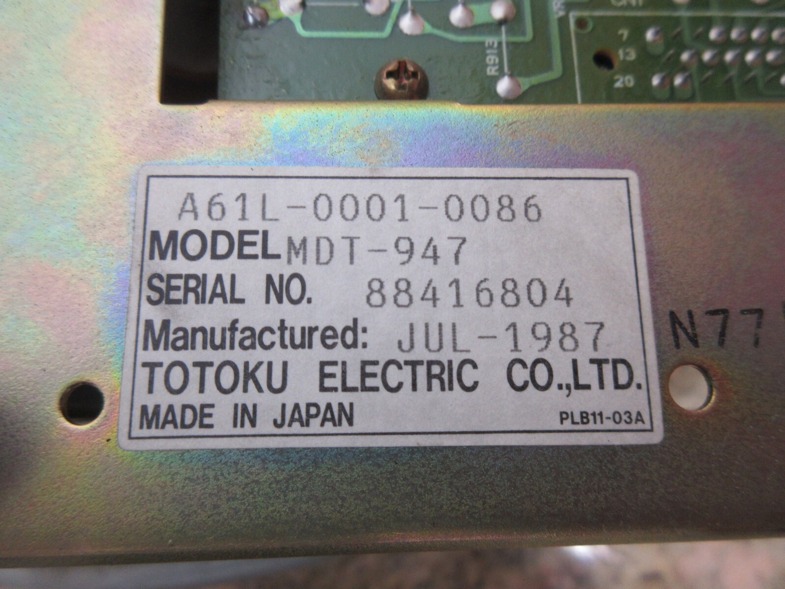 TOTOKU ELECTRIC DISPLAY MONITOR A61L-0001-0086 MDT-947 88416804 JUL-1987 PLB11-0