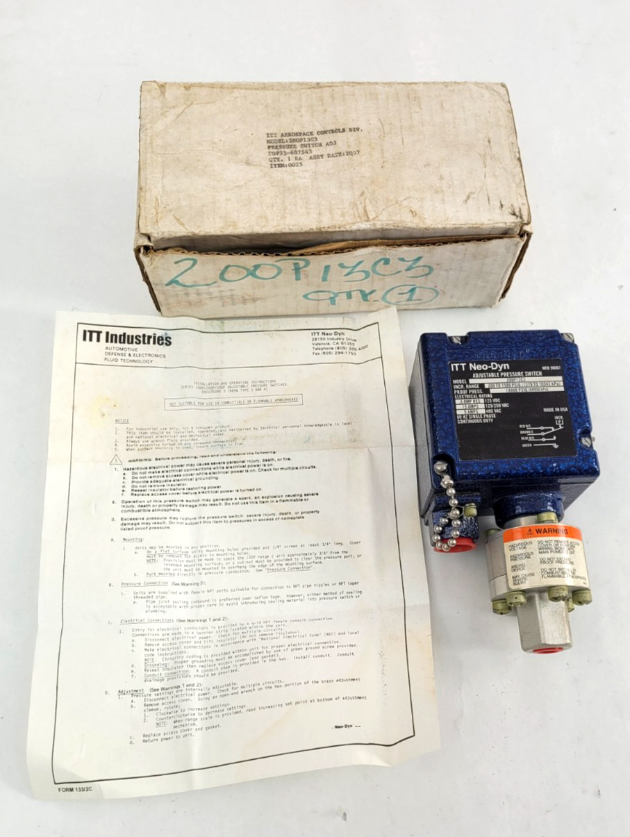NEW ITT Aerospace Controls Neo-Dyn MFR 98087 200P13C3 Adjustable Pressure Switch