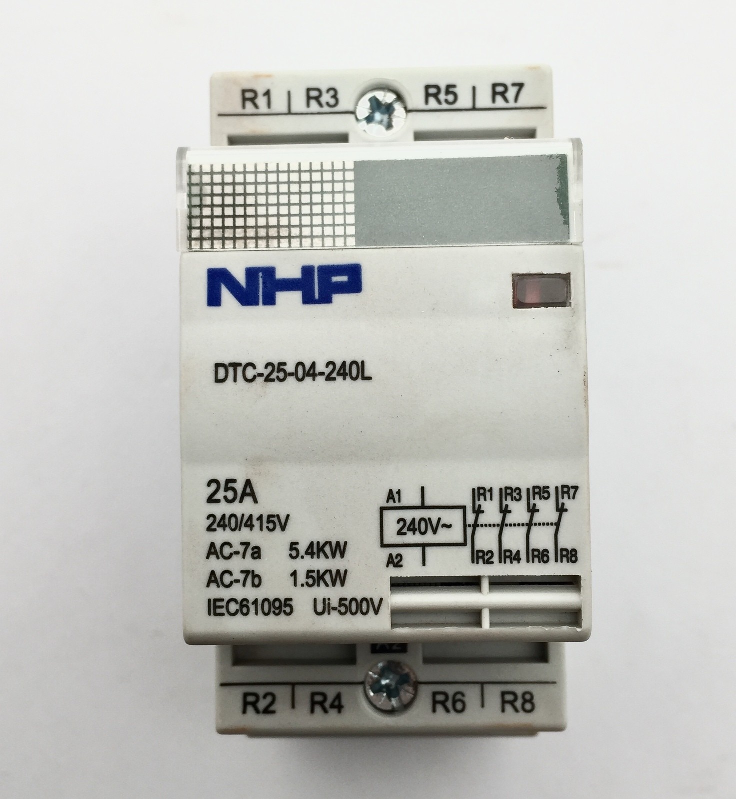 NHP DTC-25-40-240L Contractor 25A 4 Pole 5.4kW Din Mount 240V AC Coil 4 N/O Auxi