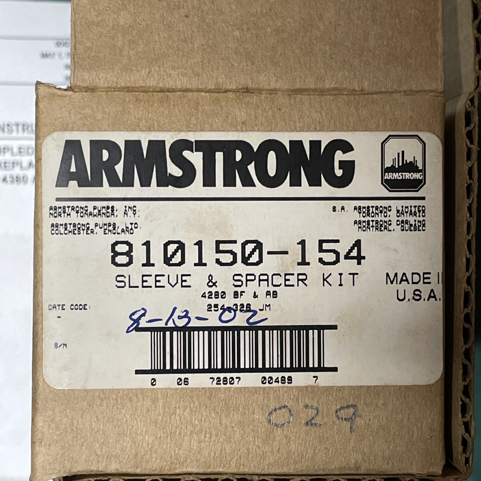 810150-154 Armstrong Sleeve & Spacer Kit (4280 BF & AB) New NOS W/ Instructions