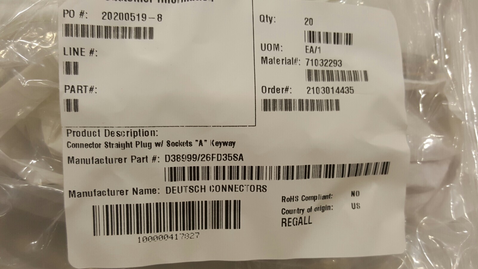 DEUTSCH 1 CONNECTOR D38999 26FD35SA Position Circular Connector Plug 9646854