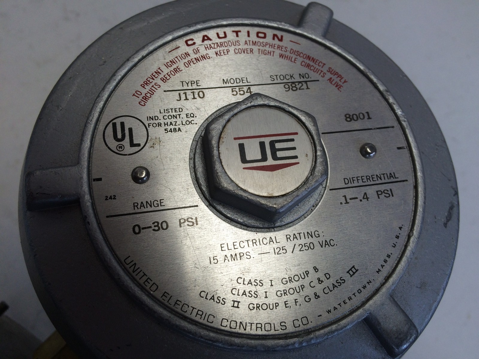 UE Ji10 554,UNITED ELECTRIC J110 554 9821 PRESSURE SWITCH 0-30PSI SS 1/4″ NPT,Ej