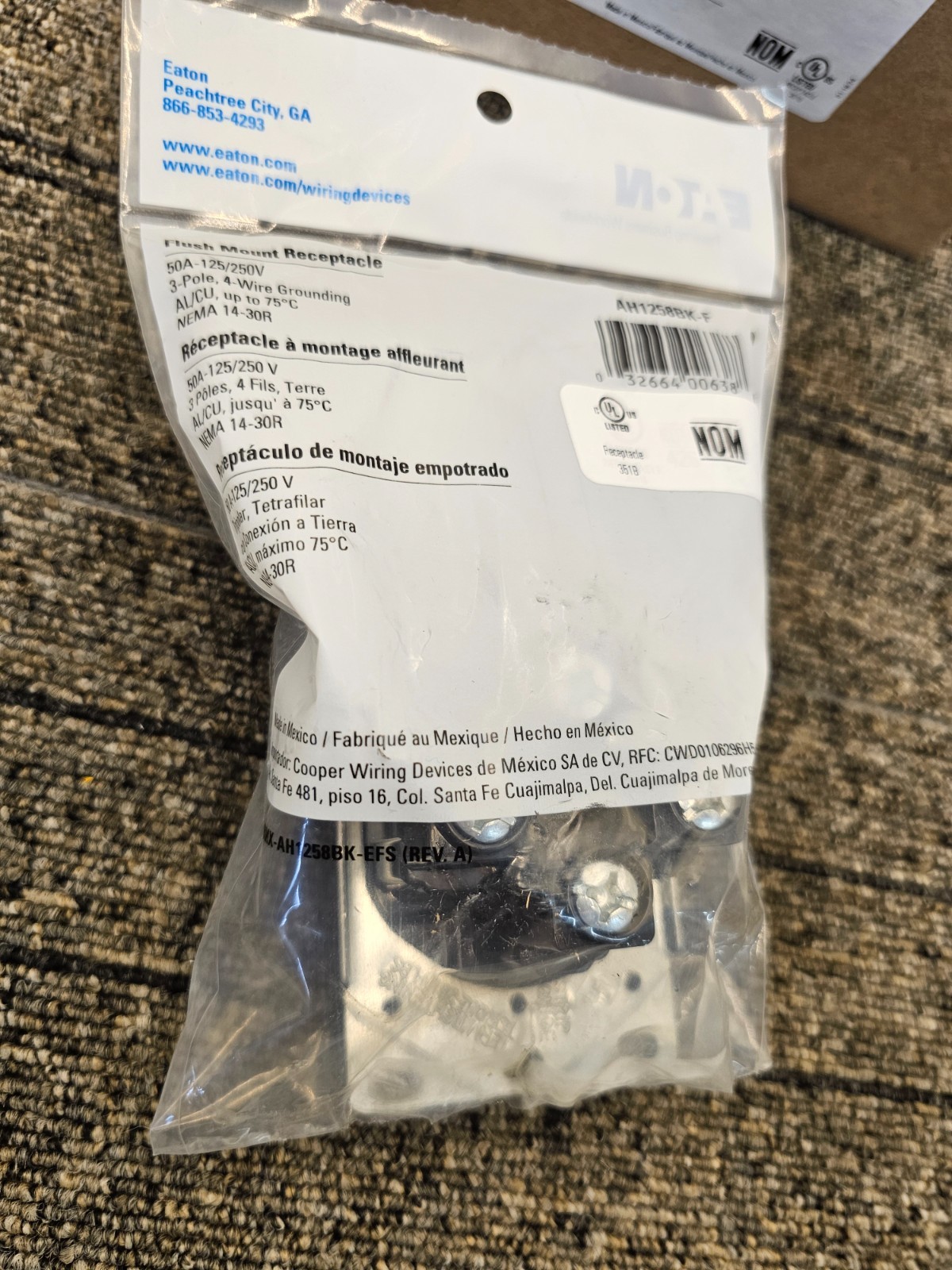 (QTY 2) Eaton AH1258BK-F Flush Mount Receptacle 50A-125/250V 3-Pole 4-Wire