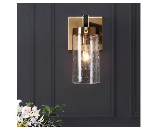 Zenvi Musom 1-Light Brass Gold/ Black Modern Wall Sconce, Seeded Glass
