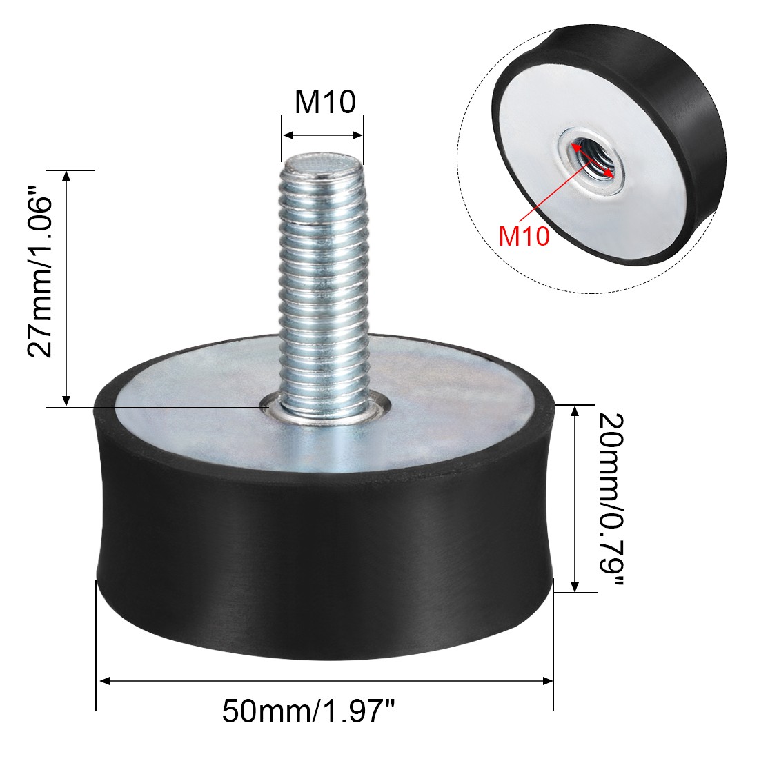 50mm x 20mm M10 Thread Male Female Rubber Mounts Vibration Isolators