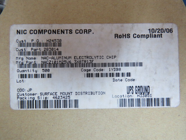 NIC NACZ101M25V6.3X8TR13F Qty of 370 per Lot CAPACITOR ALUMINUM ELECTROLYTIC