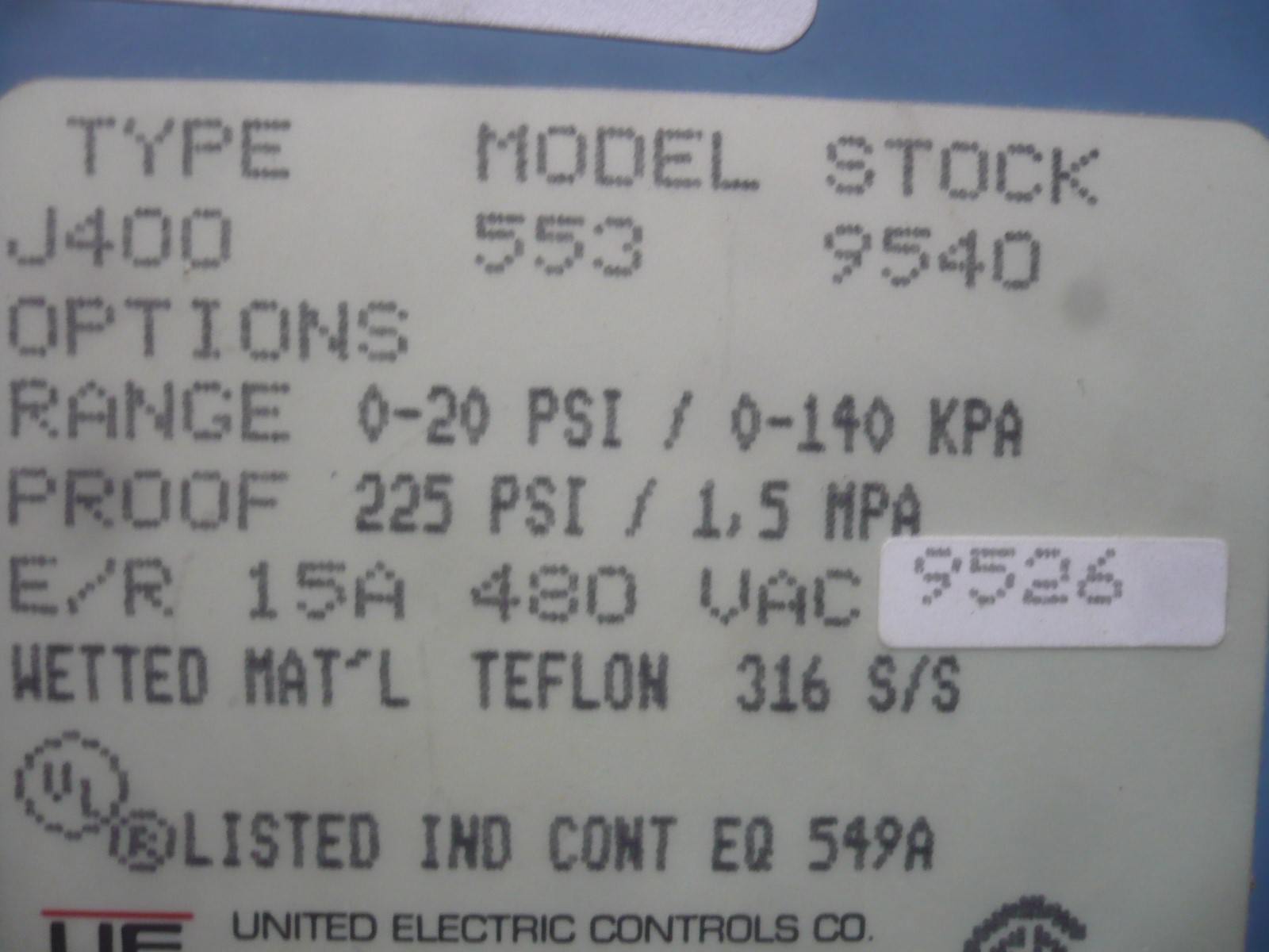 New United Electric UE J400-553 Pressure Switch Controller