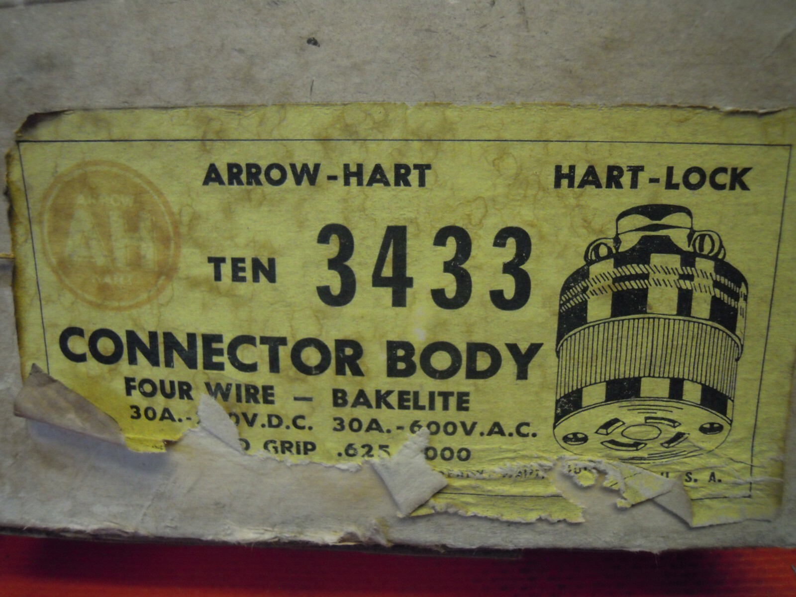 ARROW-HART 3433 PLUG CONNECTOR BODY 4W 30A 250V DC HART-LOCK 30A 600V AC A-H*NEW