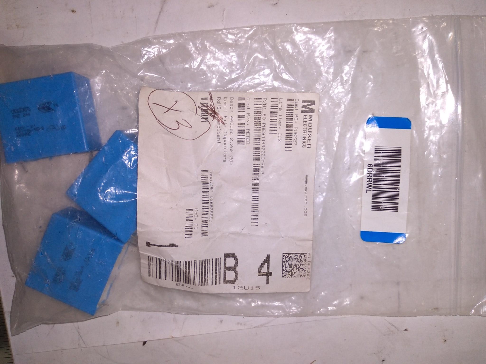 MOUSER ELECTRONICS PU6727 80-PHE844RR7220MR6L2 440VAC 2.2UF 20% ‘3 IN BAG’